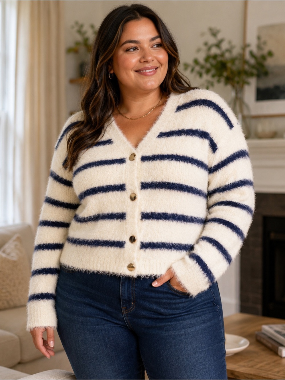 A New Day Fuzzy Stripe Cardigan Sweater Navy Cream XXL NWT